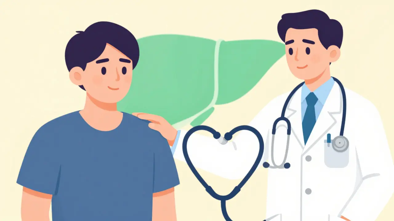 Doctor comforting a recovering patient with a healthy liver silhouette in the background