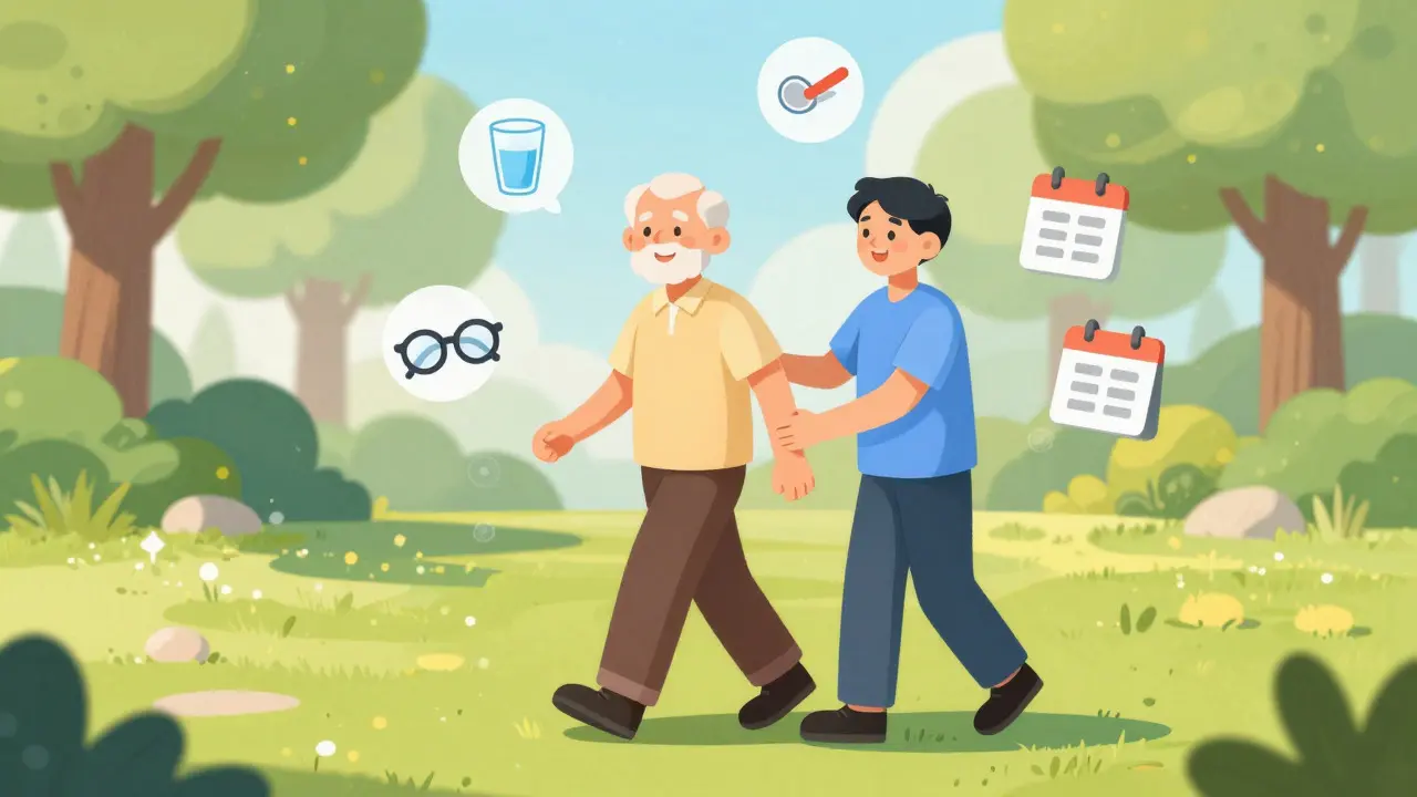 Elderly man walking outdoors with a caregiver, surrounded by health symbols