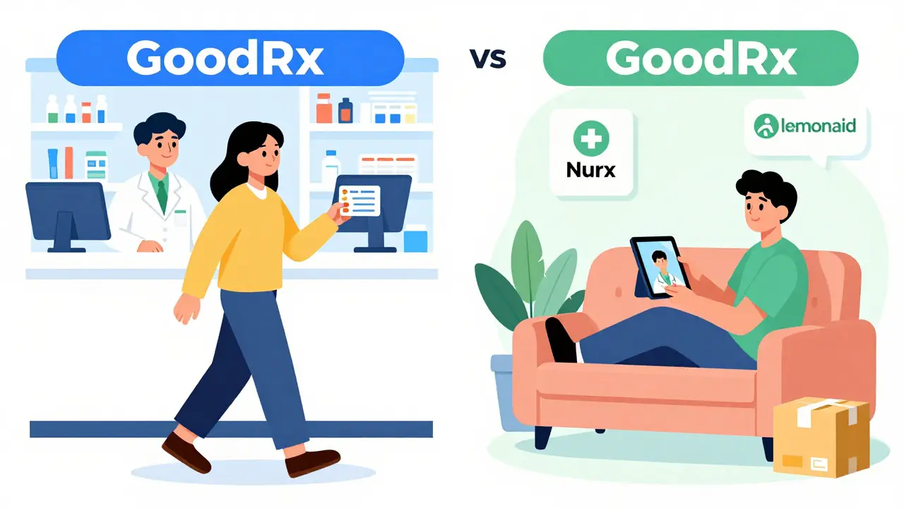 Illustration comparing pharmacy coupons vs telehealth delivery services