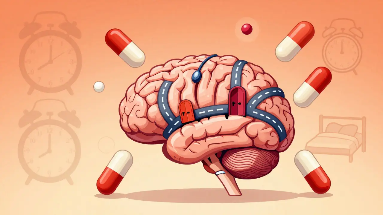 Illustration of a brain with pills blocking pathways to show medication risk