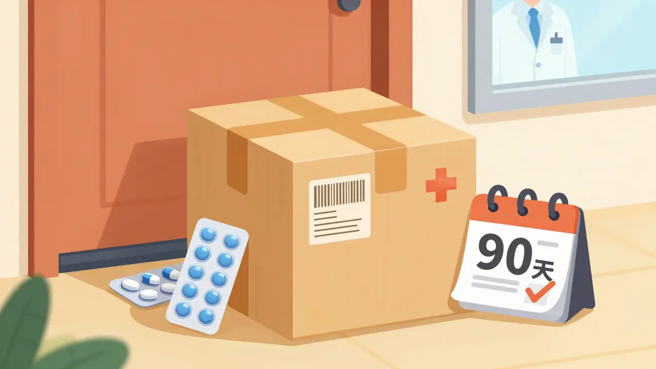 Illustration of a medication delivery box and pills at a doorstep.