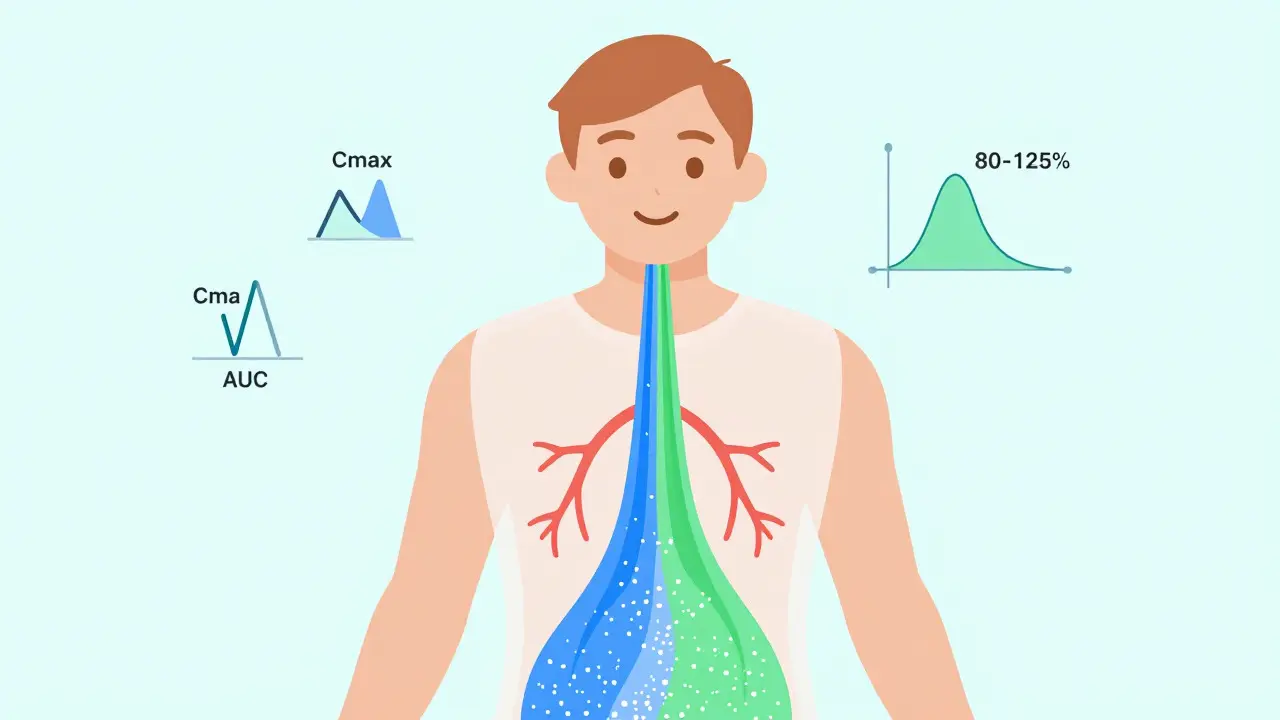 Illustration of bioequivalence showing identical drug absorption in bloodstream