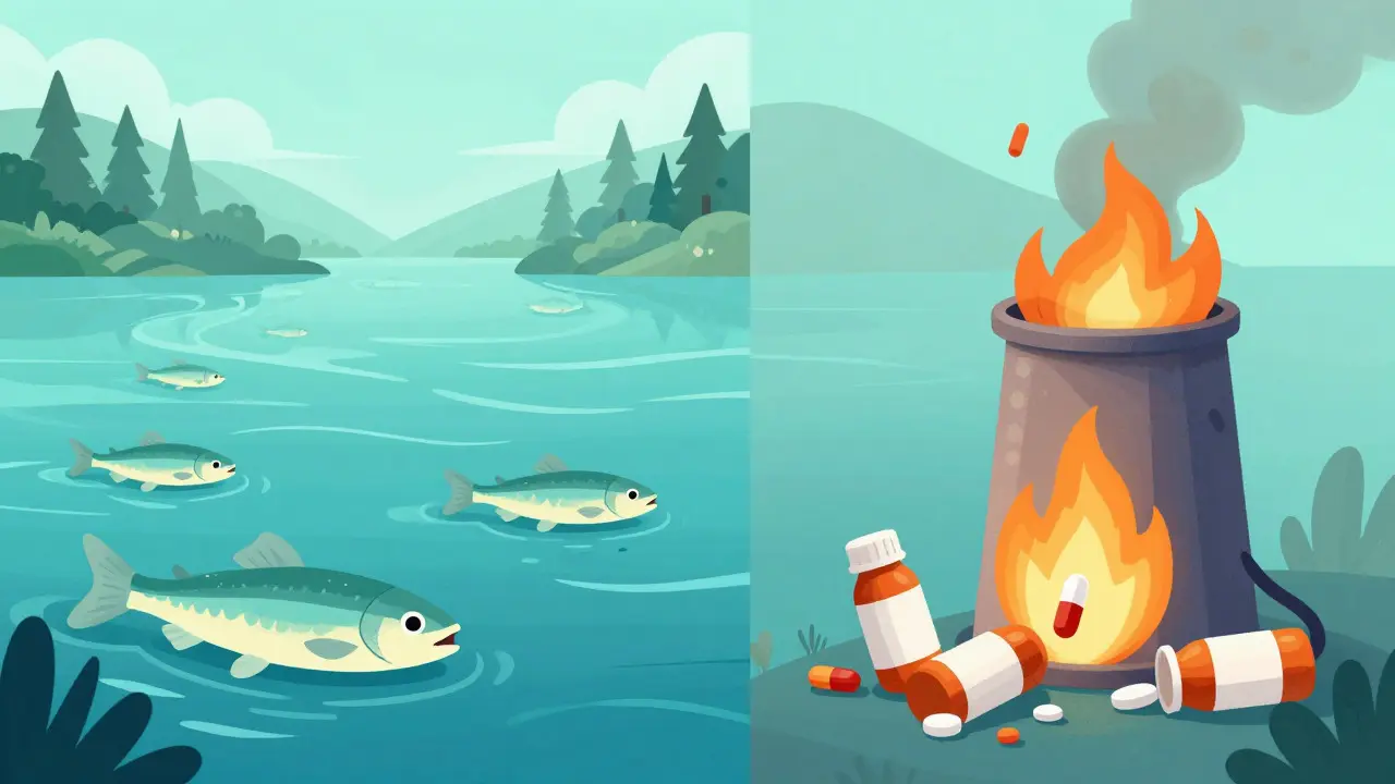 Illustration of clean river and incinerator flames