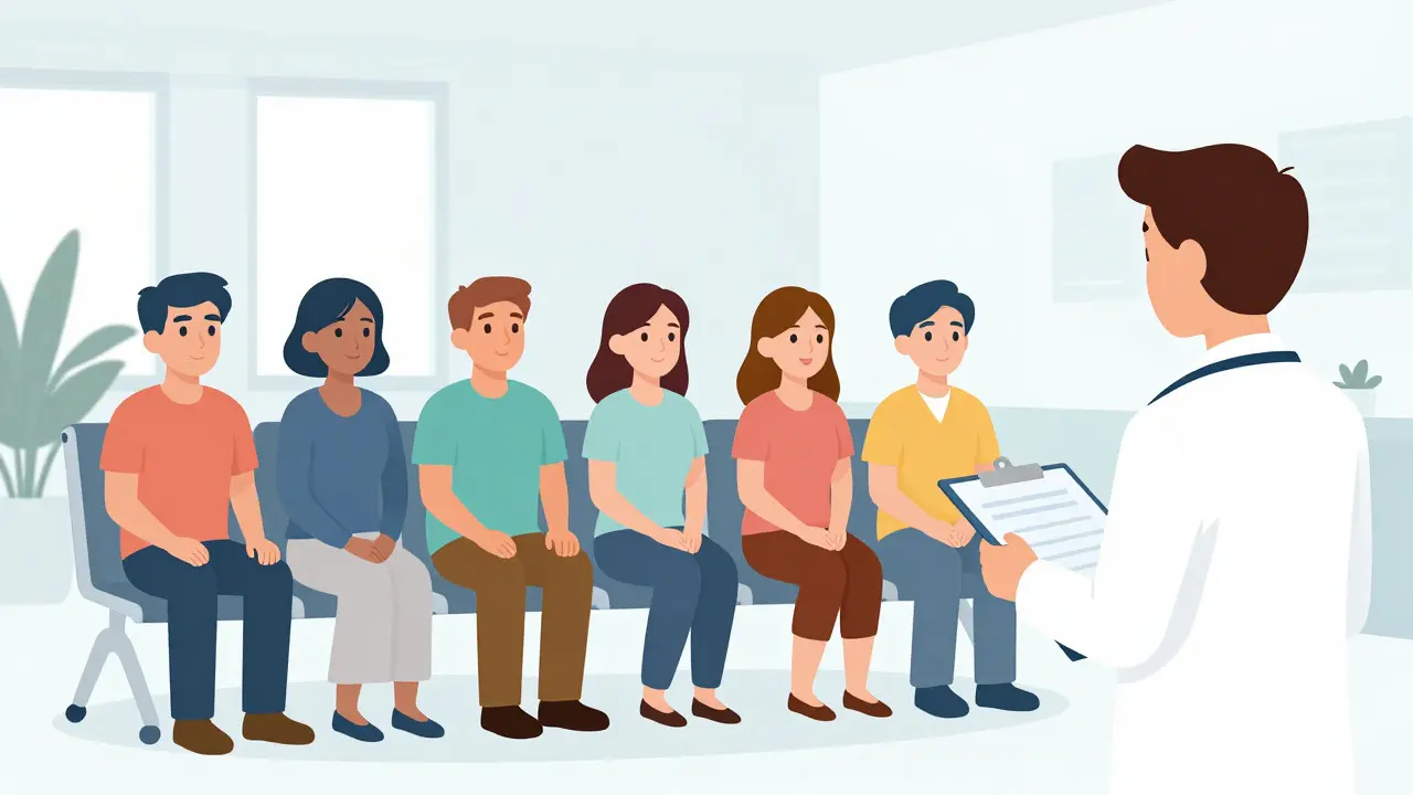 Illustration of healthy volunteers participating in a clinical drug study