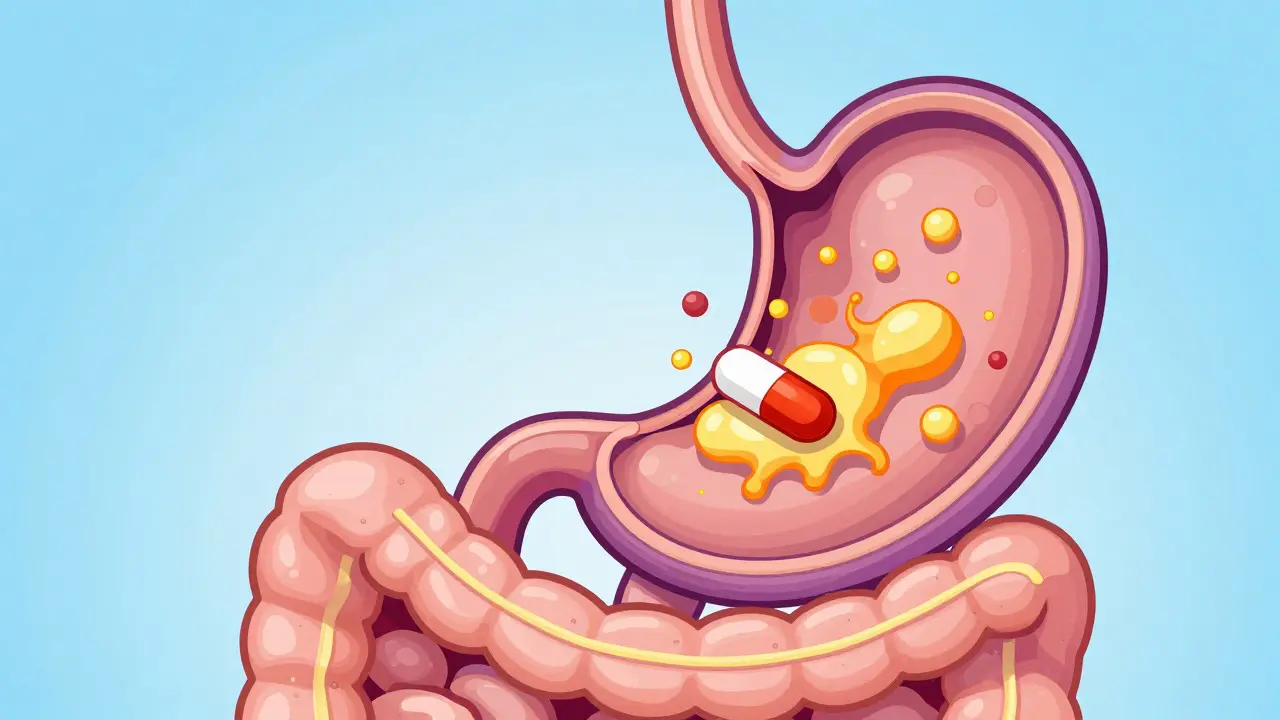 Illustration showing protein molecules blocking a pill inside a cartoon stomach