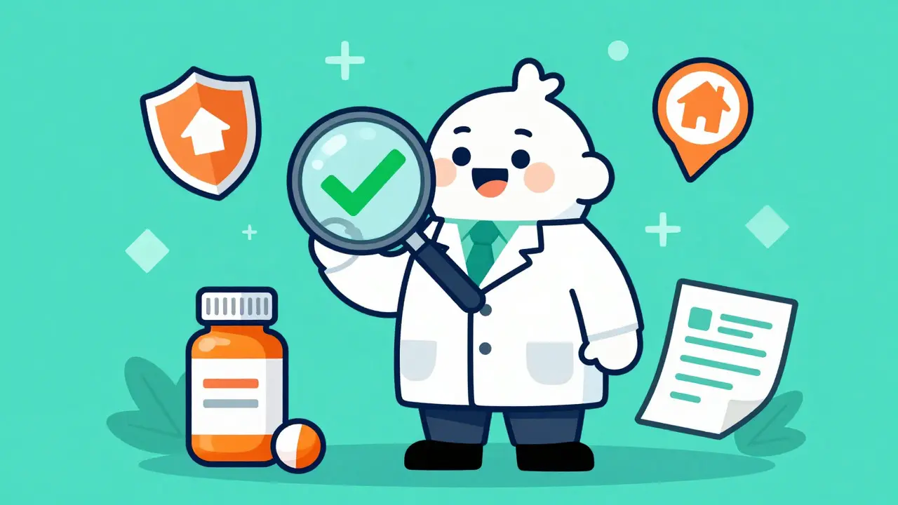 Pharmacist checking generic medicine safety with magnifying glass