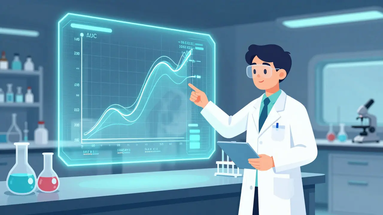 Scientist analyzing digital pharmacokinetic models in a modern lab