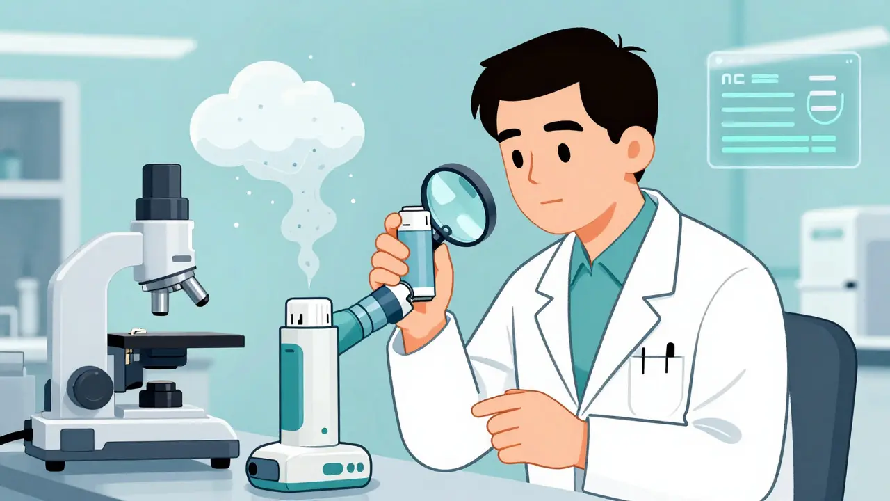 Scientist testing complex generic inhaler device in a modern lab setting