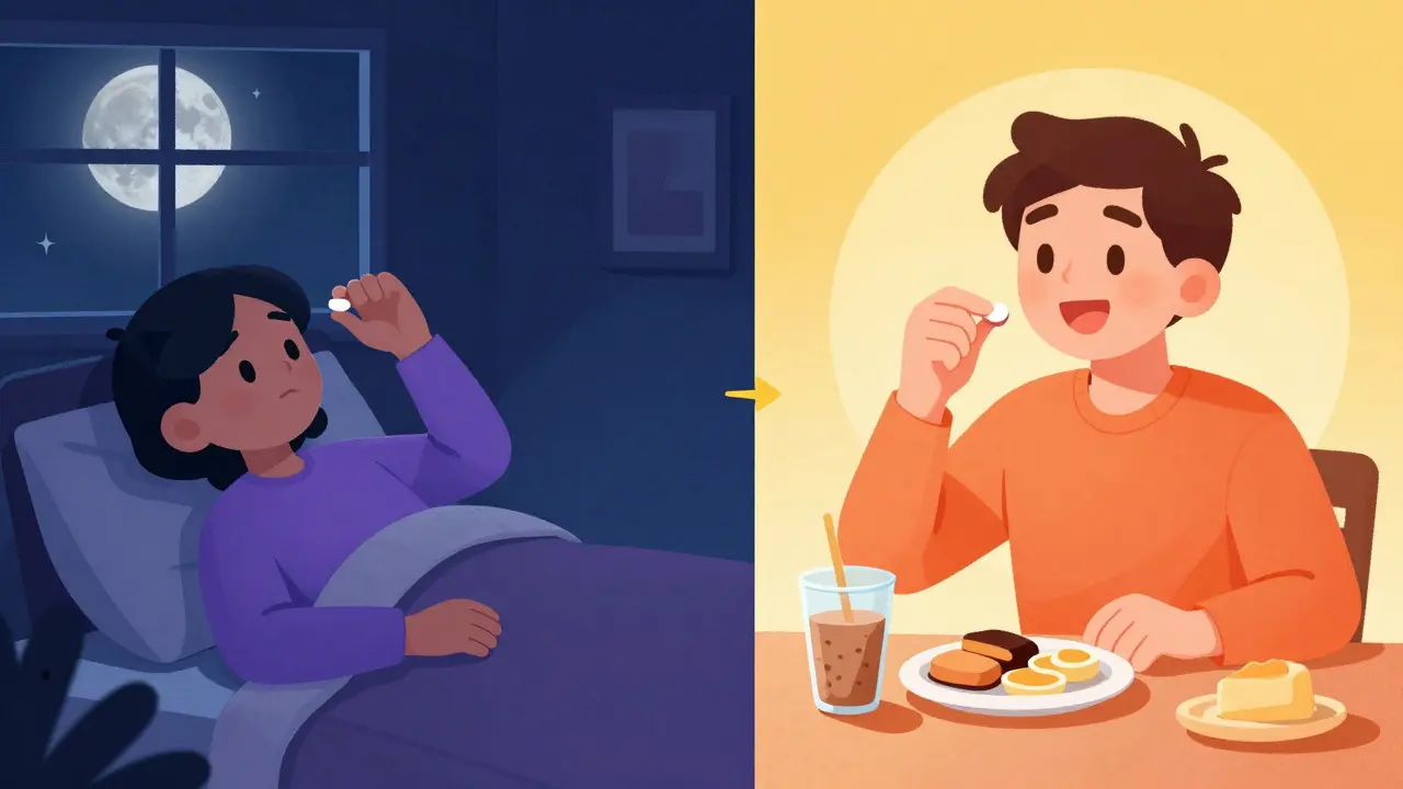 Split image comparing taking pills at night versus eating breakfast in the morning