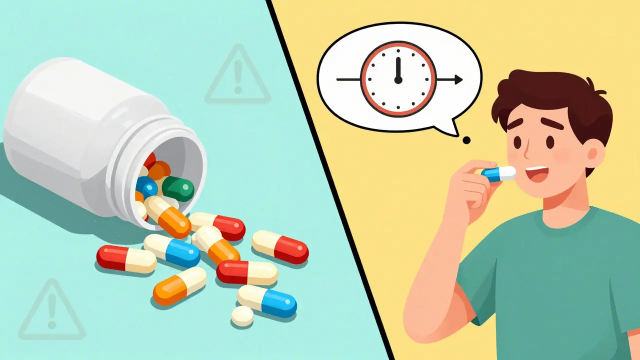 Split view showing pain reliever overdose risk and delayed antibiotic side effects
