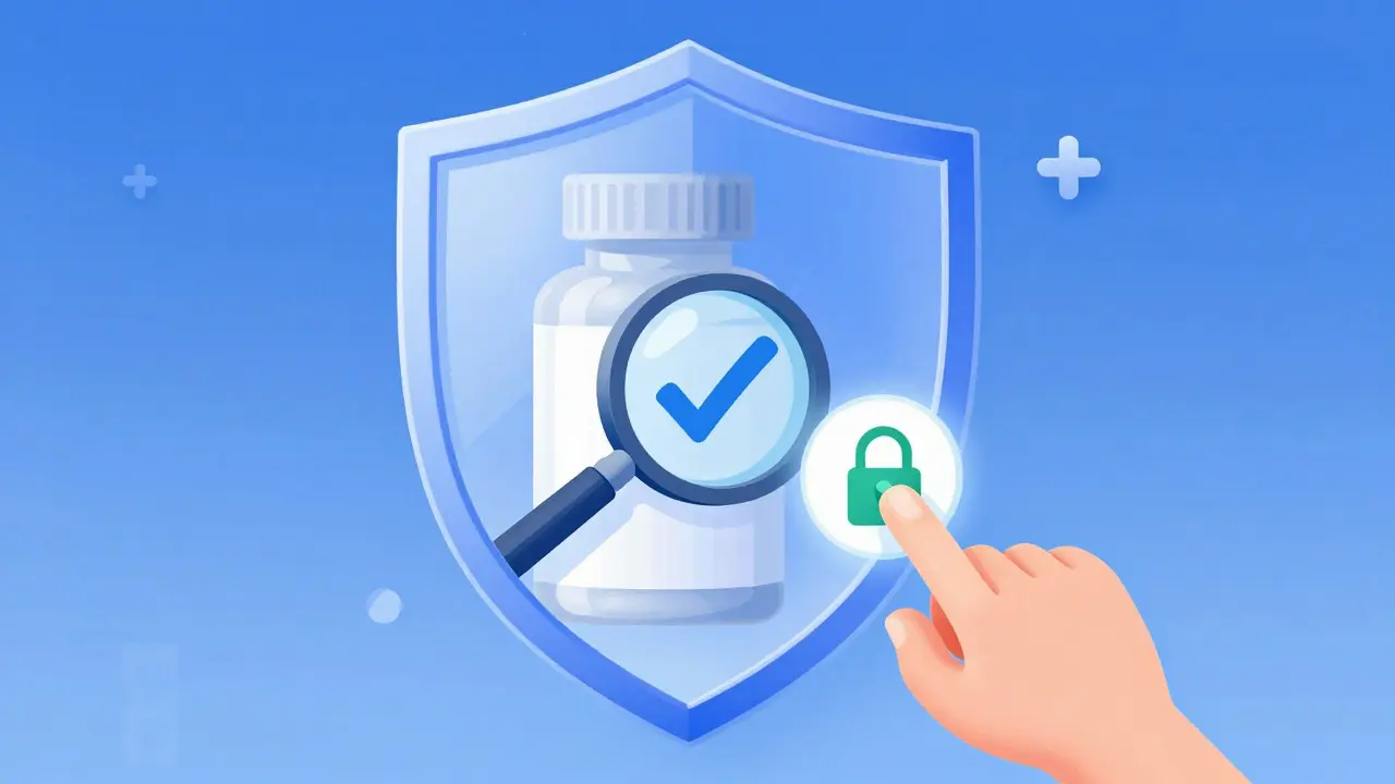 Stylized graphic of a shield protecting a medicine bottle with a security checkmark